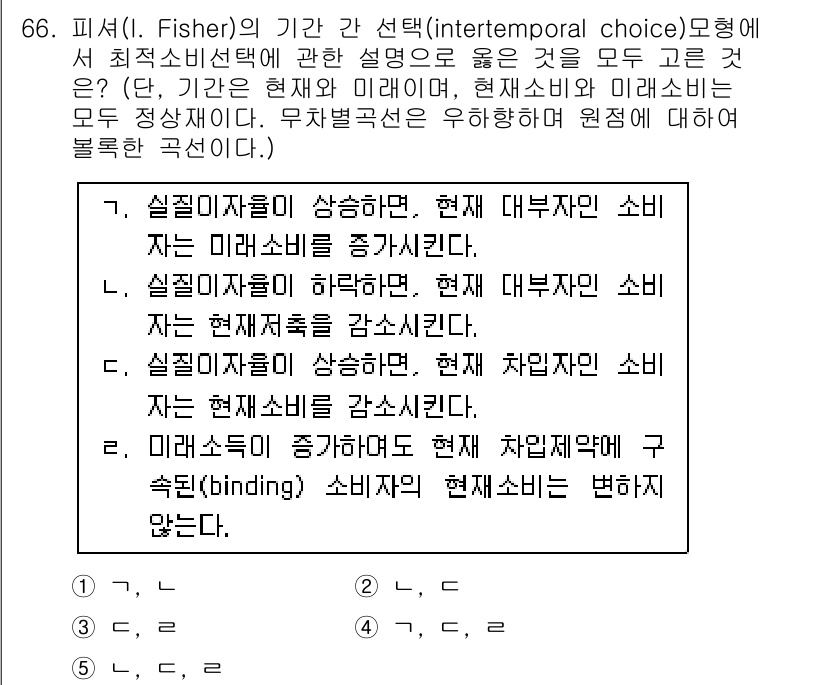 감정평가사_1차_1교시(구) 2019년 64번 - 피셔의 이론에 따르면, 소비자는 현재의 소비를 선호하며 미래의 소비는 할... 에 관한 핵심 기출문제