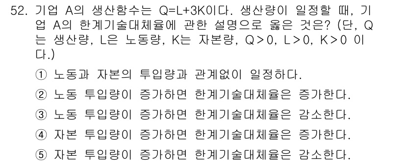 감정평가사_1차_1교시 2019년 50번 - .  
기업의 생산함수 Q = L + K + 3K는 자원 간의 대체 가능... 에 관한 핵심 기출문제