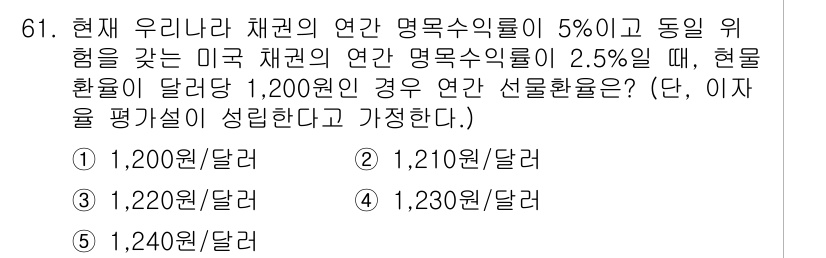 감정평가사_1차_1교시 2019년 59번 - 정답은 2번인 1,210원/달러이다. 제시된 연간 명목실질 이자율을 바탕... 에 관한 핵심 기출문제