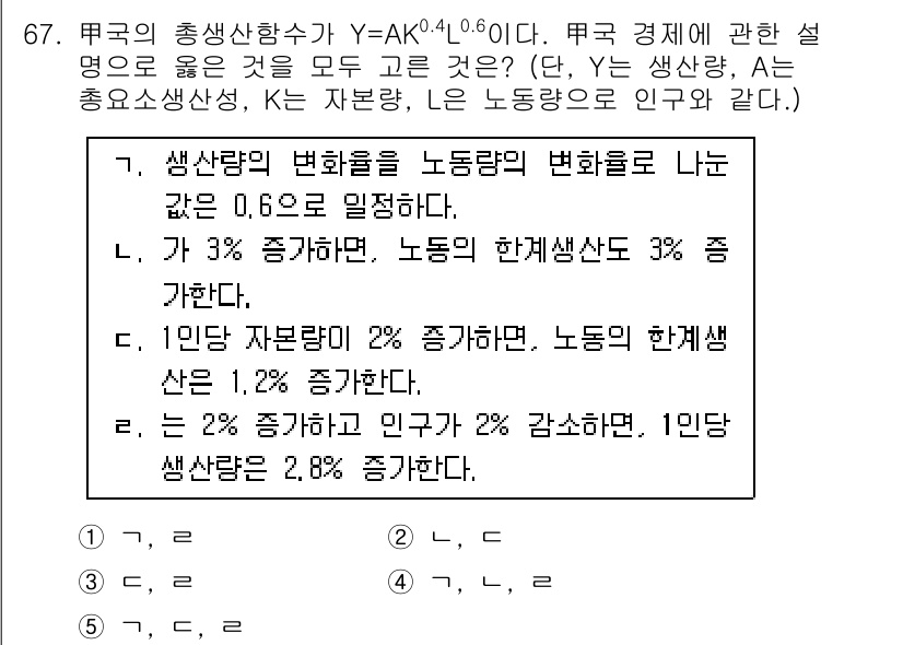 감정평가사_1차_1교시 2019년 65번 - 주어진 문제는 한국의 총생산 함수에 관한 것으로, A는 총요소생산성, K... 에 관한 핵심 기출문제