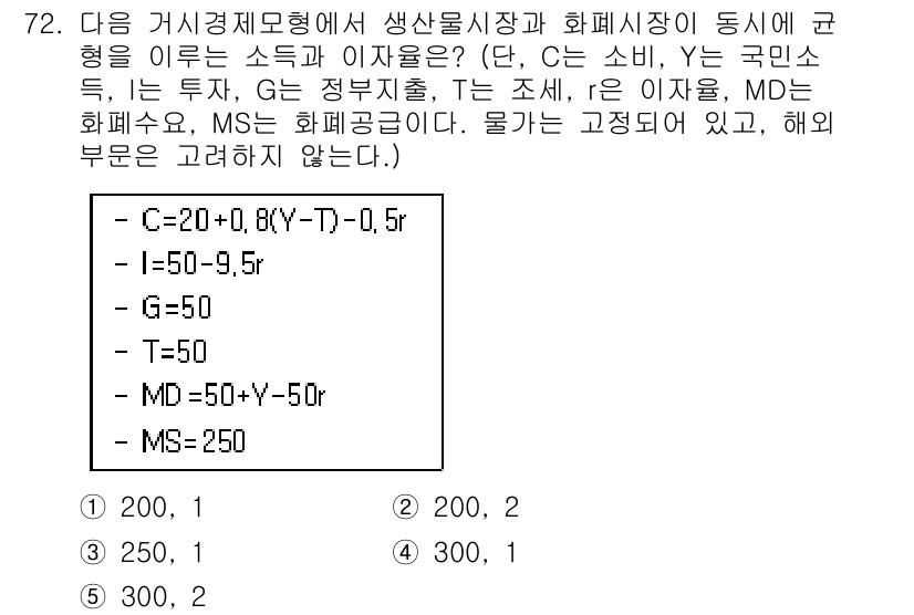 감정평가사_1차_1교시 2019년 70번 - 문제는 생산물시장과 화폐시장 간의 균형을 다루고 있다. 주어진 공식에 따... 에 관한 핵심 기출문제