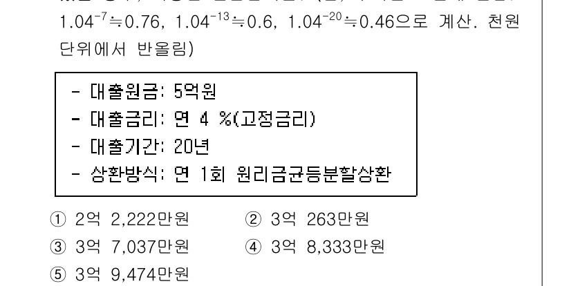 감정평가사_1차_1교시(구) 2020년 108번 - 정답이 1번인 이유는 주어진 대출금과 이자율, 대출 기간을 바탕으로 현재... 에 관한 핵심 기출문제