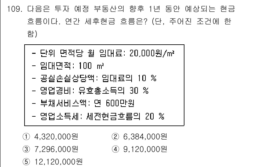 감정평가사_1차_1교시(구) 2020년 110번 - 현재 가치는 다음과 같이 계산됩니다. 

1. **연간 임대수익** = ... 에 관한 핵심 기출문제