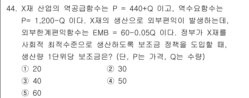 감정평가사_1차_1교시(구) 2020년 44번 - 주어진 문제에서 X산업의 역수요함수와 생산함수를 통해 생산량(Q)을 결정... 에 관한 핵심 기출문제