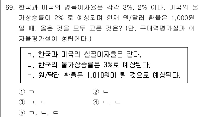 감정평가사_1차_1교시(구) 2020년 69번 - 정답인 이유는 한국의 물가 상승률이 미국보다 높으므로, 환율이 상승해야 ... 에 관한 핵심 기출문제