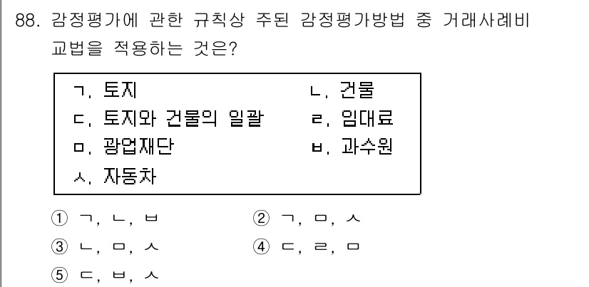 감정평가사_1차_1교시(구) 2020년 88번 - 정답은 '5. 자동차'입니다. 감정평가에서 감정의 대상이 되는 자산은 주... 에 관한 핵심 기출문제