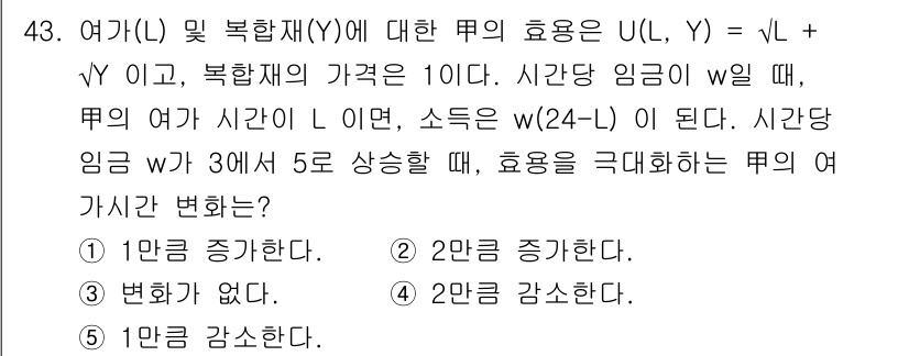 감정평가사_1차_1교시 2020년 43번 - 문제에서 제공된 효용 함수 \( U(L, Y) = \sqrt{L} + Y... 에 관한 핵심 기출문제