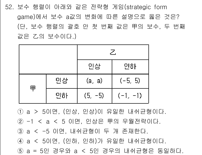 감정평가사_1차_1교시 2020년 52번 - 주어진 게임은 보수 함수의 구조를 분석하므로, 첫 번째 행렬에서 주어진 ... 에 관한 핵심 기출문제