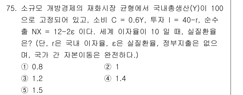 감정평가사_1차_1교시 2020년 75번 - 주어진 문제는 총수요와 총공급의 균형을 통해 실질환율을 구하는 것입니다.... 에 관한 핵심 기출문제