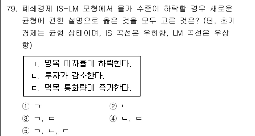 감정평가사_1차_1교시 2020년 79번 - 문제에서 제시한 IS-LM 모형에 따르면, 명목 이자율이 하락하면 투자 ... 에 관한 핵심 기출문제