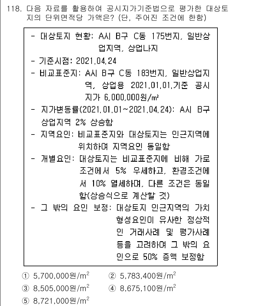 감정평가사_1차_1교시(구) 2021년 117번 - 주어진 자료에 따르면 B군 지역의 평균 가격을 기준으로 하여 해당 지역의... 에 관한 핵심 기출문제