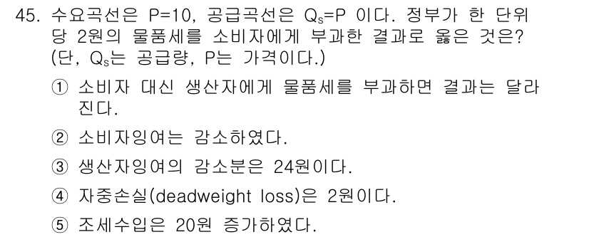 감정평가사_1차_1교시(구) 2021년 44번 - 주어진 문제에서 공급선과 수요선의 교차점(P=10)에서의 가격 안정성을 ... 에 관한 핵심 기출문제