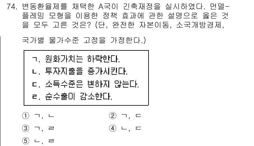 감정평가사_1차_1교시(구) 2021년 73번 - 문제에서 묻는 것은 면델-플레밍 모델의 정책 효과에 대한 것으로, 환율 ... 에 관한 핵심 기출문제