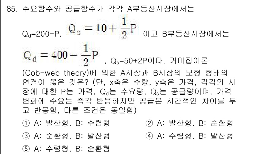 감정평가사_1차_1교시(구) 2021년 84번 - 문제에서 언급된 공급과 수요의 관계를 고려할 때, 공급 함수 Q_s는 가... 에 관한 핵심 기출문제