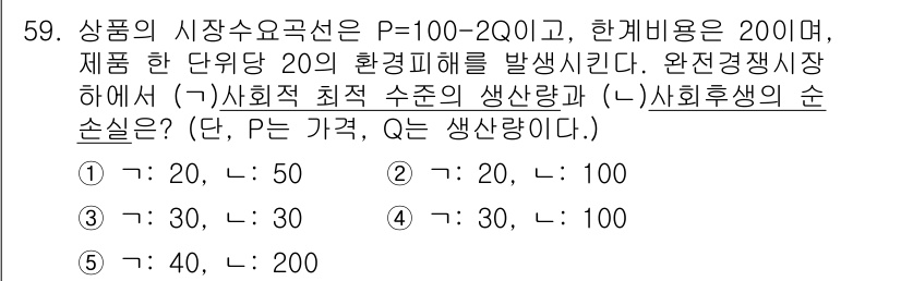 감정평가사_1차_1교시 2021년 58번 - 주어진 수요 곡선 \(P = 100 - 2Q\)와 공급 곡선 \(P = ... 에 관한 핵심 기출문제