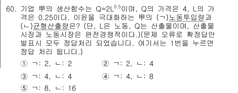 감정평가사_1차_1교시 2021년 59번 - 문제에서 주어진 생산 함수 Q = 2L^0.5에서는 L이 노동량을 의미합... 에 관한 핵심 기출문제