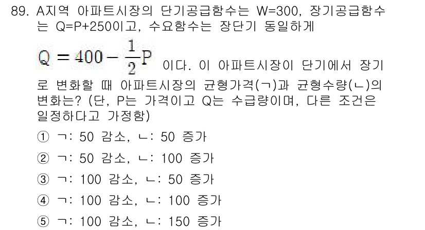 감정평가사_1차_1교시 2021년 88번 - 해당 문제에서 주어진 식은 아파트 시장의 수요와 공급을 분석하는 것으로,... 에 관한 핵심 기출문제