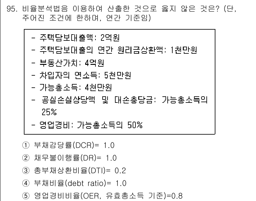 감정평가사_1차_1교시 2021년 94번 - 정답 2번은 부채감당능력 비율(DC)과 관련이 있습니다. 비율이 50% ... 에 관한 핵심 기출문제