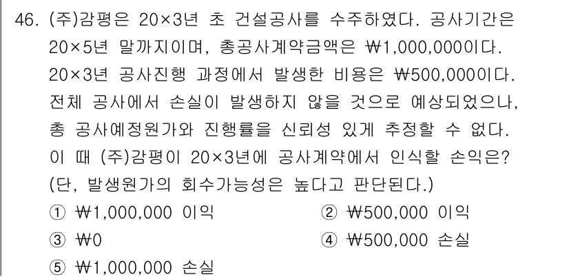 감정평가사_1차_2교시 2015년 46번 - 문제에서 제시된 총 공사비와 손실 발생 가능성을 고려할 때, 발생 손실이... 에 관한 핵심 기출문제