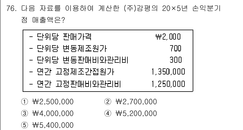 감정평가사_1차_2교시 2015년 76번 - 정답 4번 (5,400,000원)은 연간 고정비와 변동비를 모두 고려하여... 에 관한 핵심 기출문제