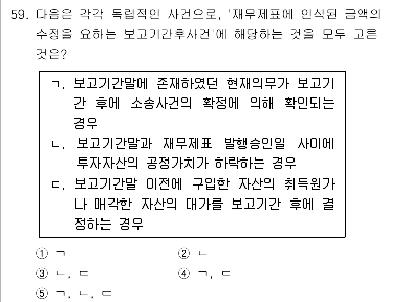 감정평가사_1차_2교시 2016년 59번 - 정답 4번은 재무제표가 발행된 이후 투자자의 공정가치 요청에 따라 수정을... 에 관한 핵심 기출문제