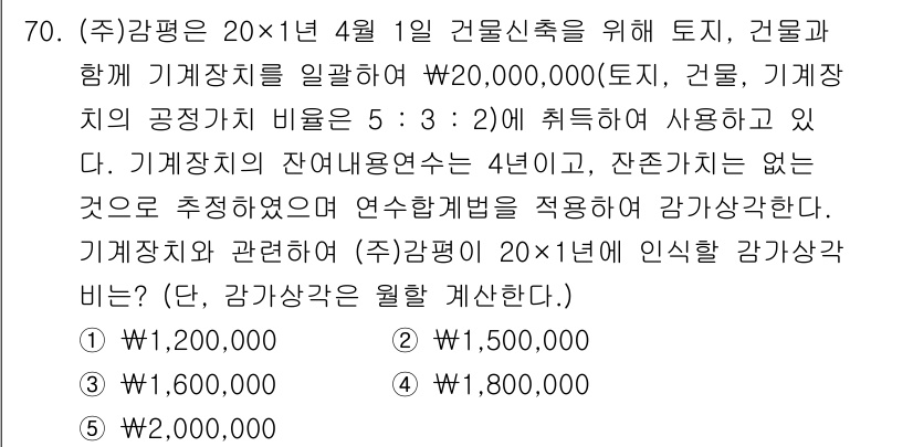 감정평가사_1차_2교시 2016년 70번 - 문제에서 제시된 기계장치의 잔여내용연수는 4년이며, 감가상각 방법은 연수... 에 관한 핵심 기출문제