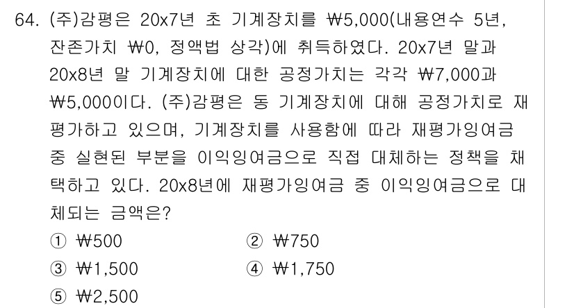 감정평가사_1차_2교시 2018년 64번 - 문제에서 제시된 자산의 재평가액은 기계장치의 원가와 감가상각을 고려하여 ... 에 관한 핵심 기출문제