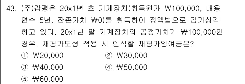 감정평가사_1차_2교시 2019년 43번 - 문제에서 제시된 20x1년 초 기계장치의 취득원가가 100,000원으로,... 에 관한 핵심 기출문제