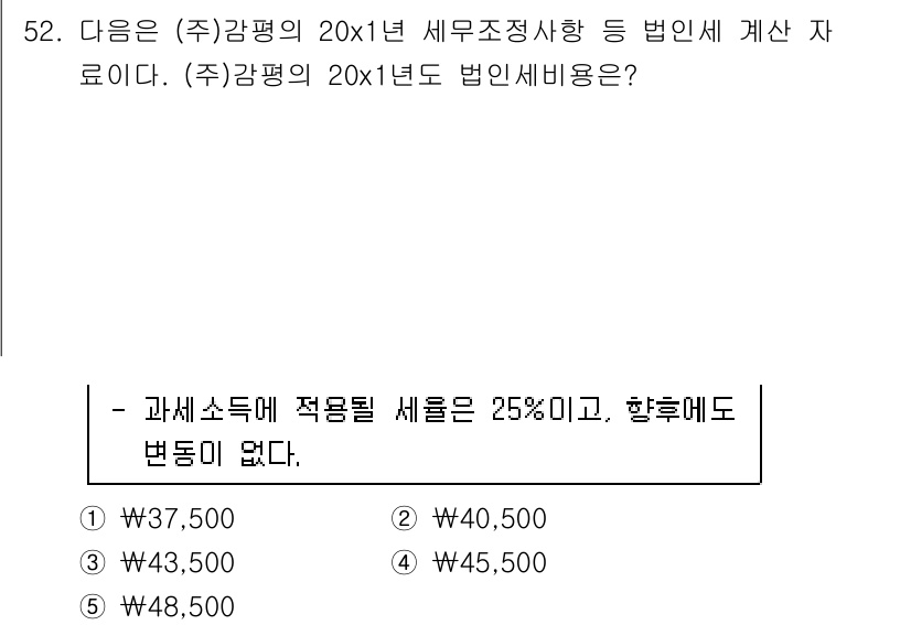 감정평가사_1차_2교시 2019년 52번 - 주어진 문제에서 법인세 비용을 계산하기 위해 과세소득에 적용될 세율이 2... 에 관한 핵심 기출문제
