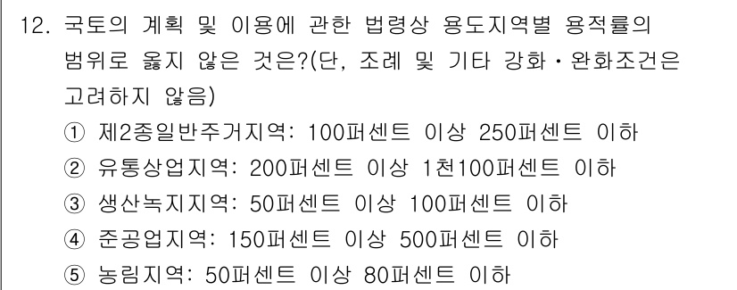 감정평가사_1차_2교시 2020년 12번 - 정답 4번은 농림적지의 용적률이 50% 이상 80% 이하로 규정되어 있기... 에 관한 핵심 기출문제