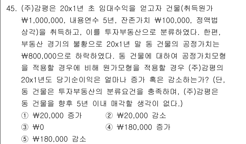감정평가사_1차_2교시 2020년 45번 - 정답은 1입니다. 2020년 감정평가법에 따라 투자부동산의 공정가치를 평... 에 관한 핵심 기출문제