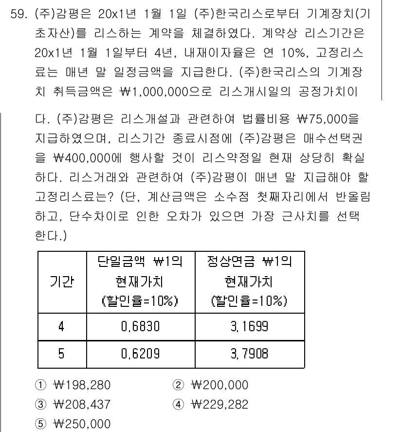 감정평가사_1차_2교시 2020년 59번 - 정답 4번은 현재 가치 계산을 통해 산출된 결과이다. 제시된 할인율 10... 에 관한 핵심 기출문제