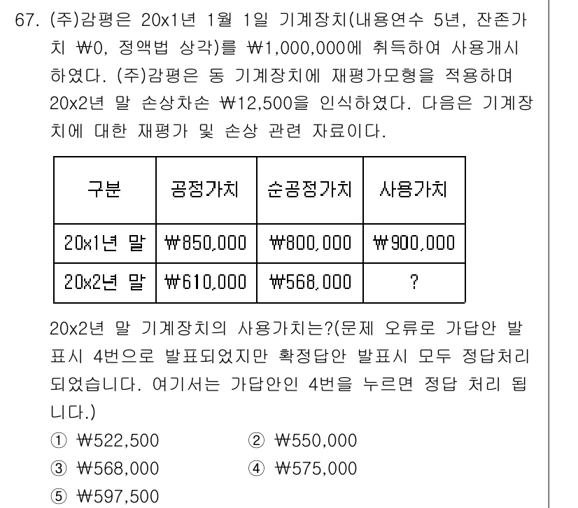 감정평가사_1차_2교시 2020년 67번 - 20x21년 1월 1일 기계장치의 사용가액은 20x21년 1월 1일 기계... 에 관한 핵심 기출문제