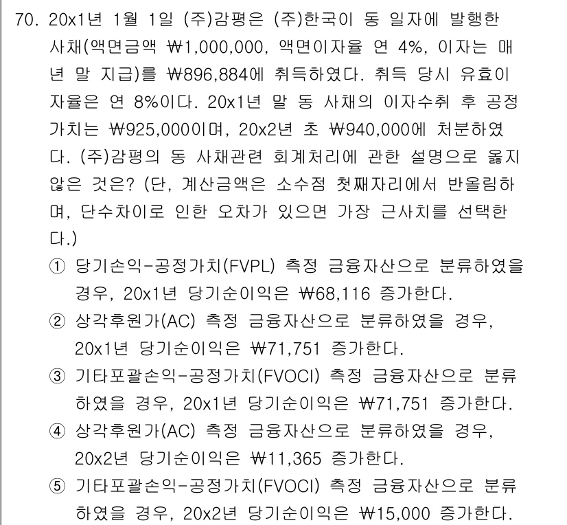 감정평가사_1차_2교시 2020년 70번 - FVPL 측정 금융자산은 공정가치 변동이 손익계산서에 반영되어 재무제표에... 에 관한 핵심 기출문제