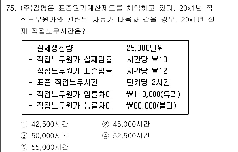 감정평가사_1차_2교시 2020년 75번 - 표준직접노무비는 실제임금과 직전 노무비를 조정하여 계산합니다. 제시된 수... 에 관한 핵심 기출문제