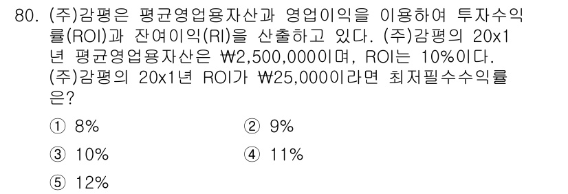 감정평가사_1차_2교시 2021년 80번 - 최소필수수익률은 자산의 투자수익률을 기준으로 결정되며, 잔여이익(Resi... 에 관한 핵심 기출문제
