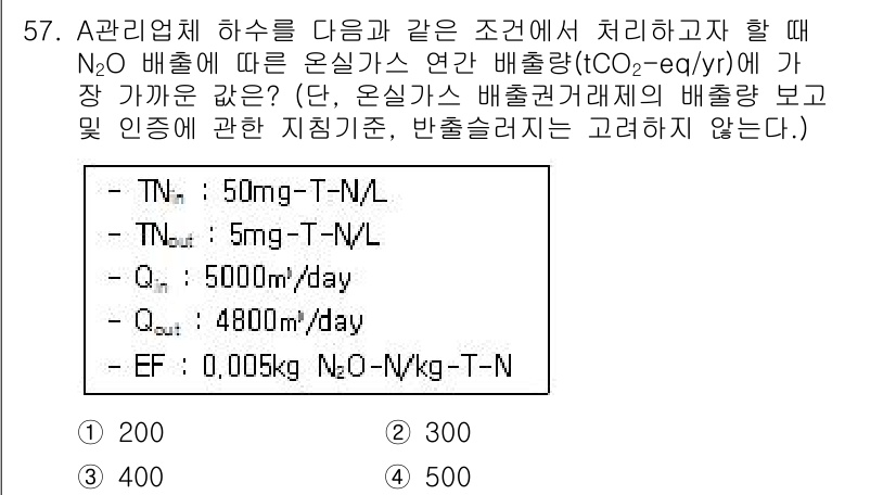 온실가스관리기사 2021년 57번 - 정답인 이유는 TN의 배출량이 N2O 배출에 따라 계산되기 때문입니다. ... 에 관한 핵심 기출문제