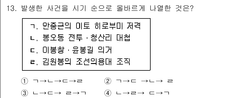 국내여행안내사_1차 2020년 13번 - 발생한 사건을 시기 순서에 따라 정리하면, 1번의 "안중근의 이토 히로부... 에 관한 핵심 기출문제