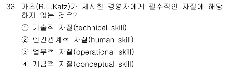 스포츠경영관리사 2021년 33번 - 카츠(R.L. Katz)가 제시한 경영자에게 필요한 자질 중에서 "개념적... 에 관한 핵심 기출문제