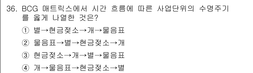 스포츠경영관리사 2021년 36번 - BCG 매트릭스에서 사업단위의 수명주기는 '별, 현금젖소, 개, 물음표'... 에 관한 핵심 기출문제