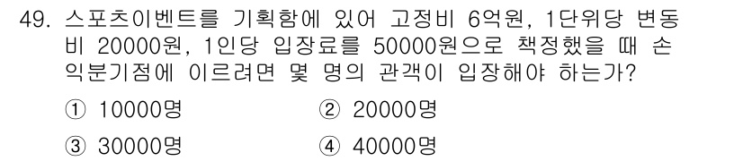 스포츠경영관리사 2021년 49번 - 스포츠 이벤트의 전체 예산은 600만 원이며, 단위당 변동비는 20,00... 에 관한 핵심 기출문제
