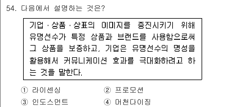 스포츠경영관리사 2021년 54번 - 정답은 3번 "커뮤니케이션"입니다. 이는 기업이 유명 선수의 이미지를 활... 에 관한 핵심 기출문제
