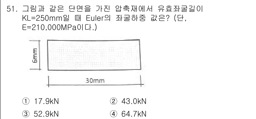 실내건축기사(구) 2021년 52번 - 유효 길이(KL)와 재료의 탄성 계수(E)를 활용하여 Euler의 좌굴 ... 에 관한 핵심 기출문제