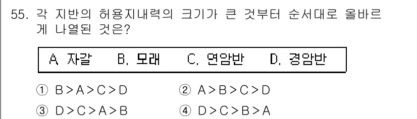 실내건축기사(구) 2021년 56번 - . 

허용지내력의 크기는 자갈, 모래, 연암반, 정암반 순으로 크기가 ... 에 관한 핵심 기출문제