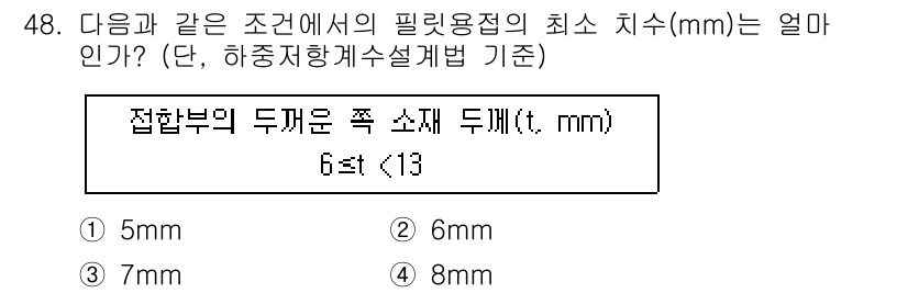 실내건축기사 2021년 49번 - 최소 치수는 필릿 용접의 성능과 안정성을 보장하기 위해 요구됩니다. 설계... 에 관한 핵심 기출문제