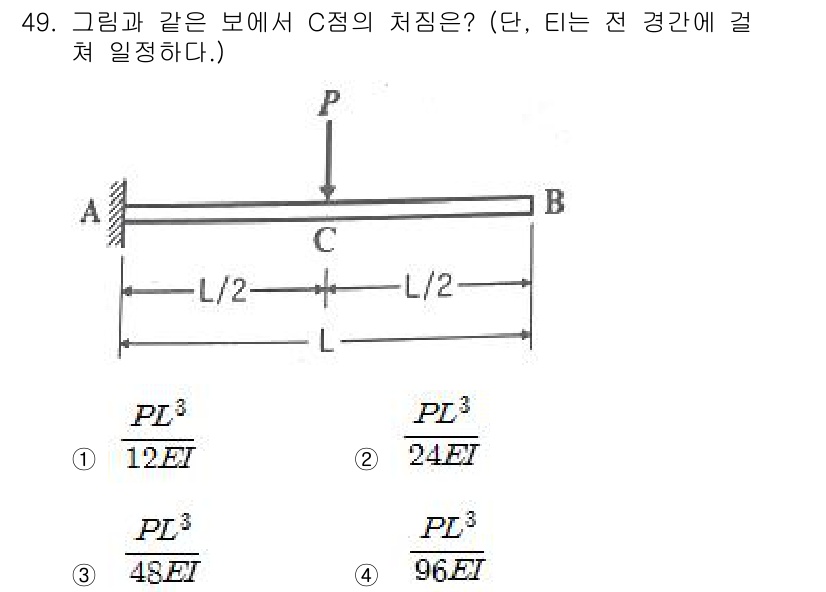 실내건축기사 2021년 50번 - 문제에서 주어진 보의 경우, C점의 처짐을 계산하기 위해서는 보의 지원 ... 에 관한 핵심 기출문제