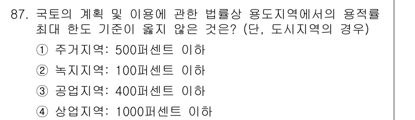 실내건축기사 2021년 88번 - 정답 2번(녹지지역: 100퍼센트 이하)은 주거 지역, 공업 지역, 상업... 에 관한 핵심 기출문제