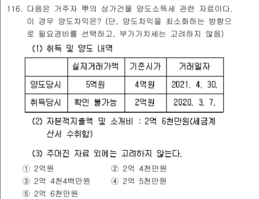 공인중개사_2차 2021년 116번 - 정답인 2번은 매매계약 시 양도소득세 계산에 있어 양도당시의 취득가액과 ... 에 관한 핵심 기출문제