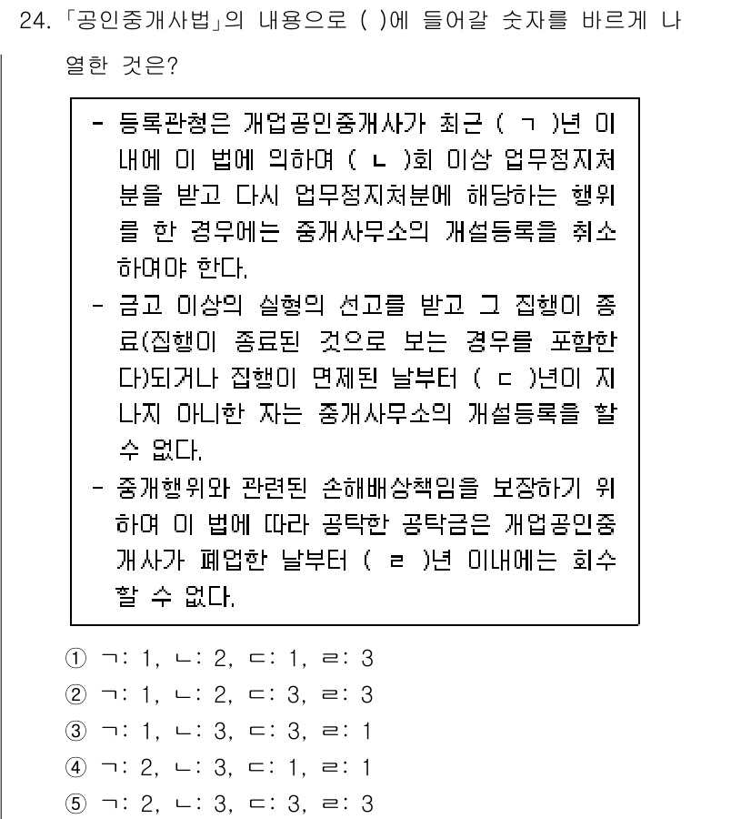 공인중개사_2차 2021년 24번 - 문제의 정답은 2번입니다. 최근 1년 이내의 법에 의한 경우, 중개사무소... 에 관한 핵심 기출문제