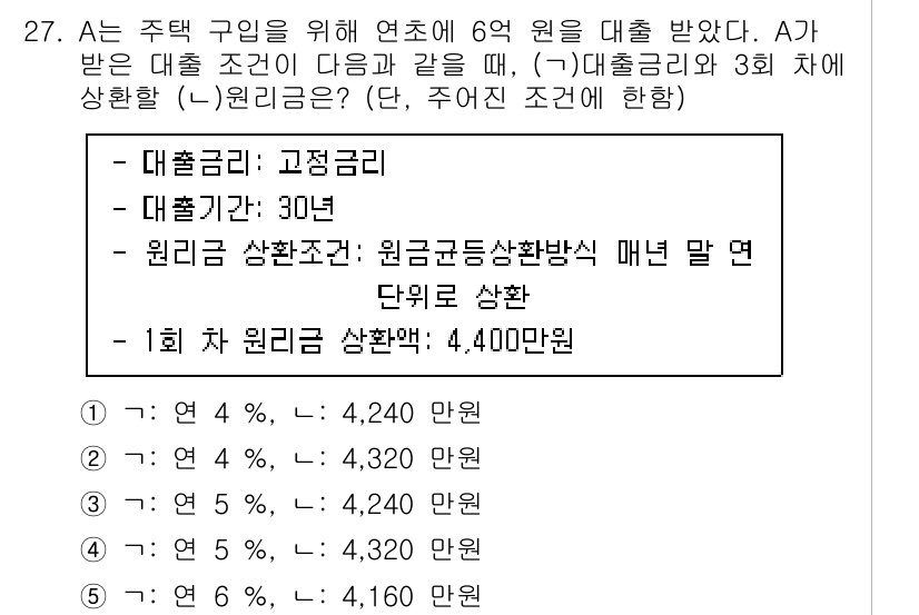 공인중개사_1차 2021년 27번 - 문제에서 요구하는 원리금 상환액은 대출금에 대한 고정 금리와 상환 방식을... 에 관한 핵심 기출문제